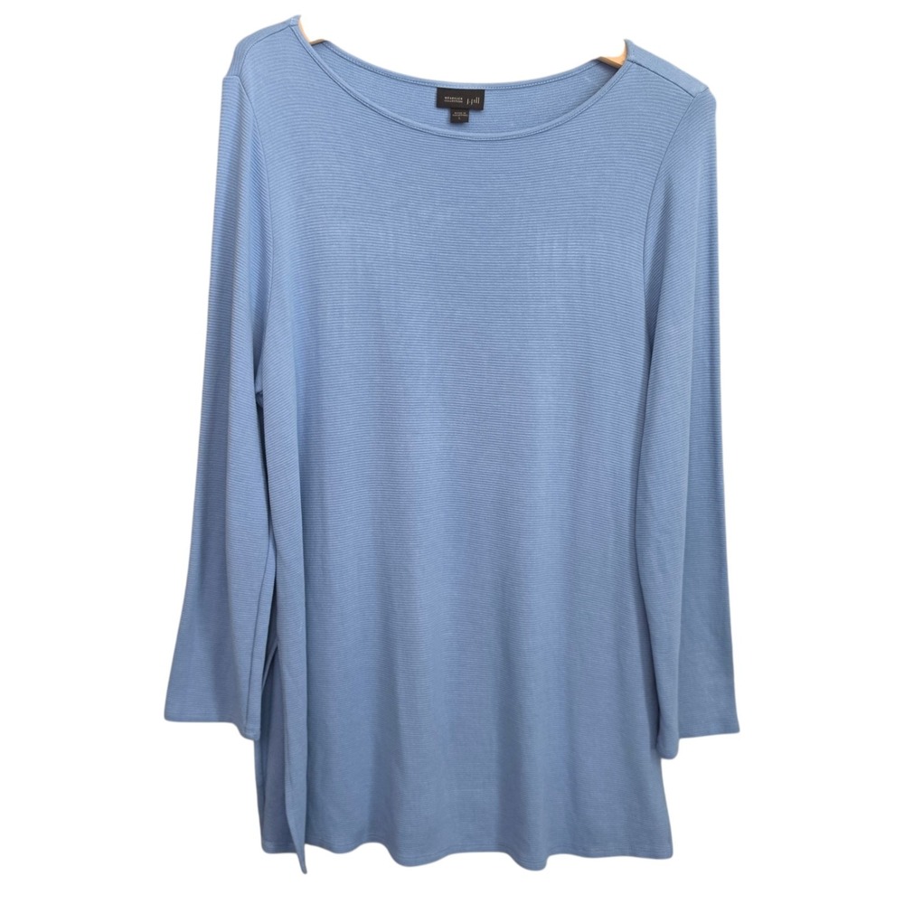 J Jill Top Womens Large Blue Wearever Tunic Ribbed Knit Boat Neck Side Slit